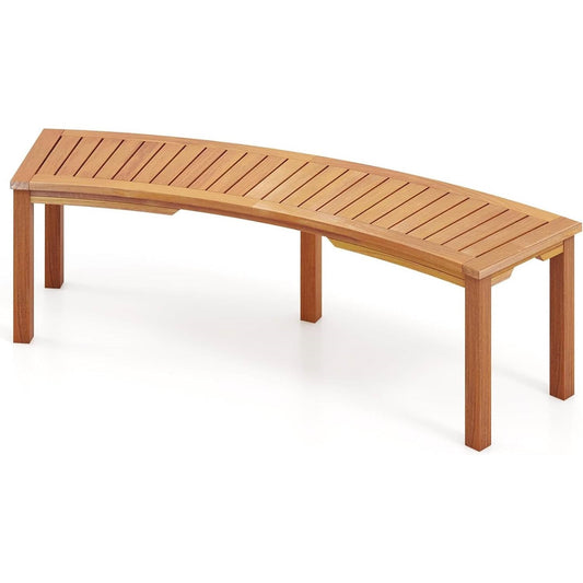 Wooden garden bench with arched slatted seat and four tapered legs, backless design.