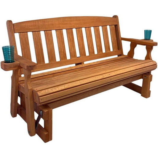 Cedar wood porch glider bench with slatted back, seat, and cupholders