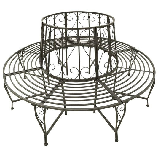 Grey circular tree bench with slat seat and wrought-iron scroll supports