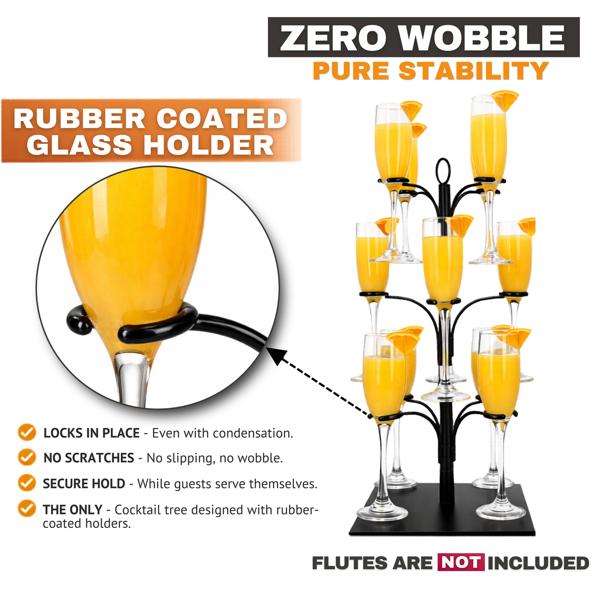Cocktail tree stand with rubber-coated glass holders and eight clear glasses for party drinks