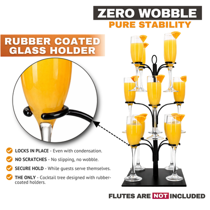 Cocktail tree stand with rubber-coated glass holders and eight clear glasses for party drinks