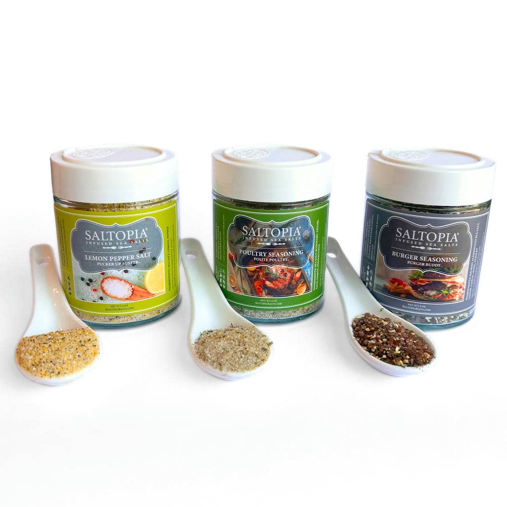 SALTOPIA infused sea salt seasoning jars with lemon pepper, poultry, and burger flavors