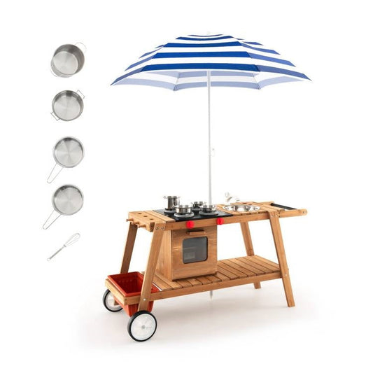 Kids wooden play cook cart with striped umbrella and metal pots and pans set