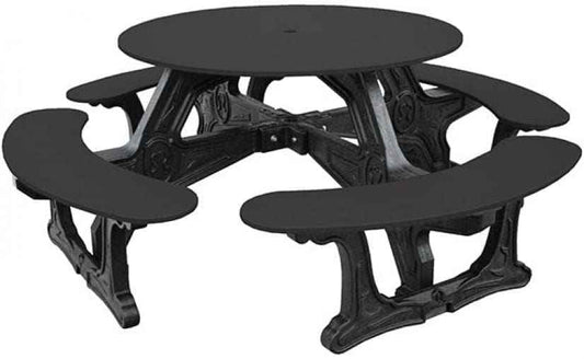 Black round outdoor table with built-in bench seats and cast-look legs