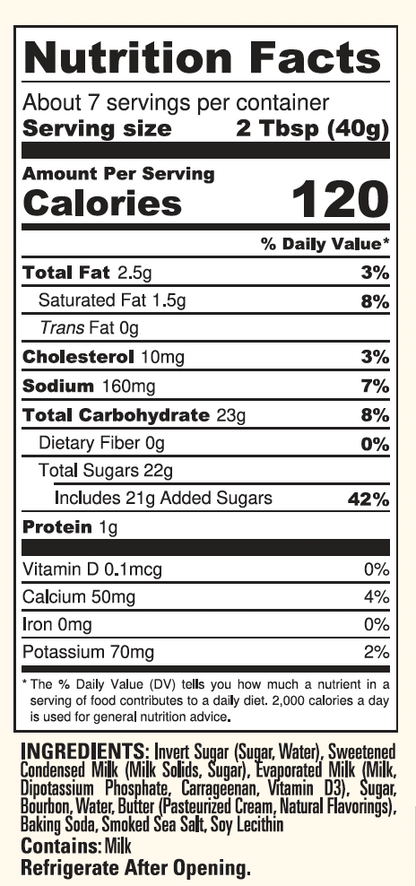 Caramel sauce Nutrition Facts label with serving and calorie details