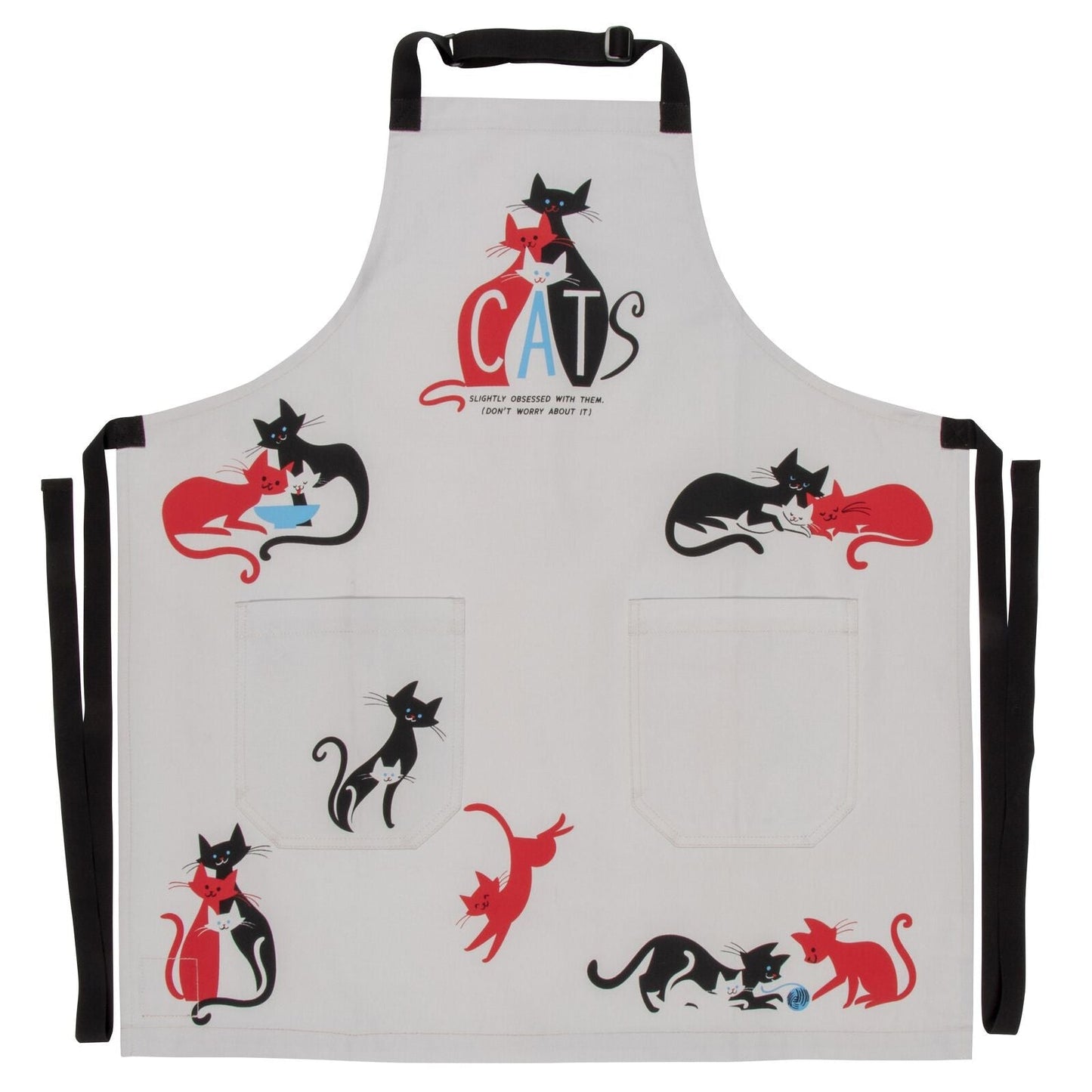 White cat cooking apron with black straps and “CATS” logo, multiple cat prints