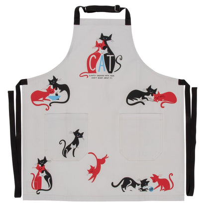 White cat cooking apron with black straps and “CATS” logo, multiple cat prints