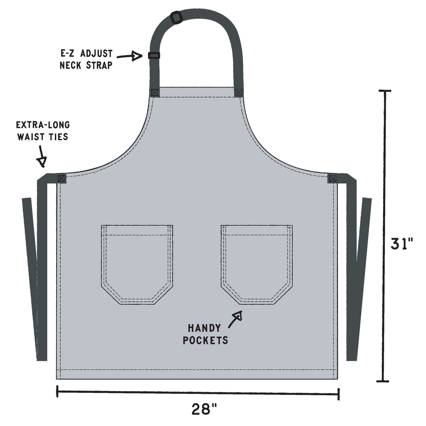 Apron size diagram: 28 in wide, 31 in long; extra-long waist ties and neck strap