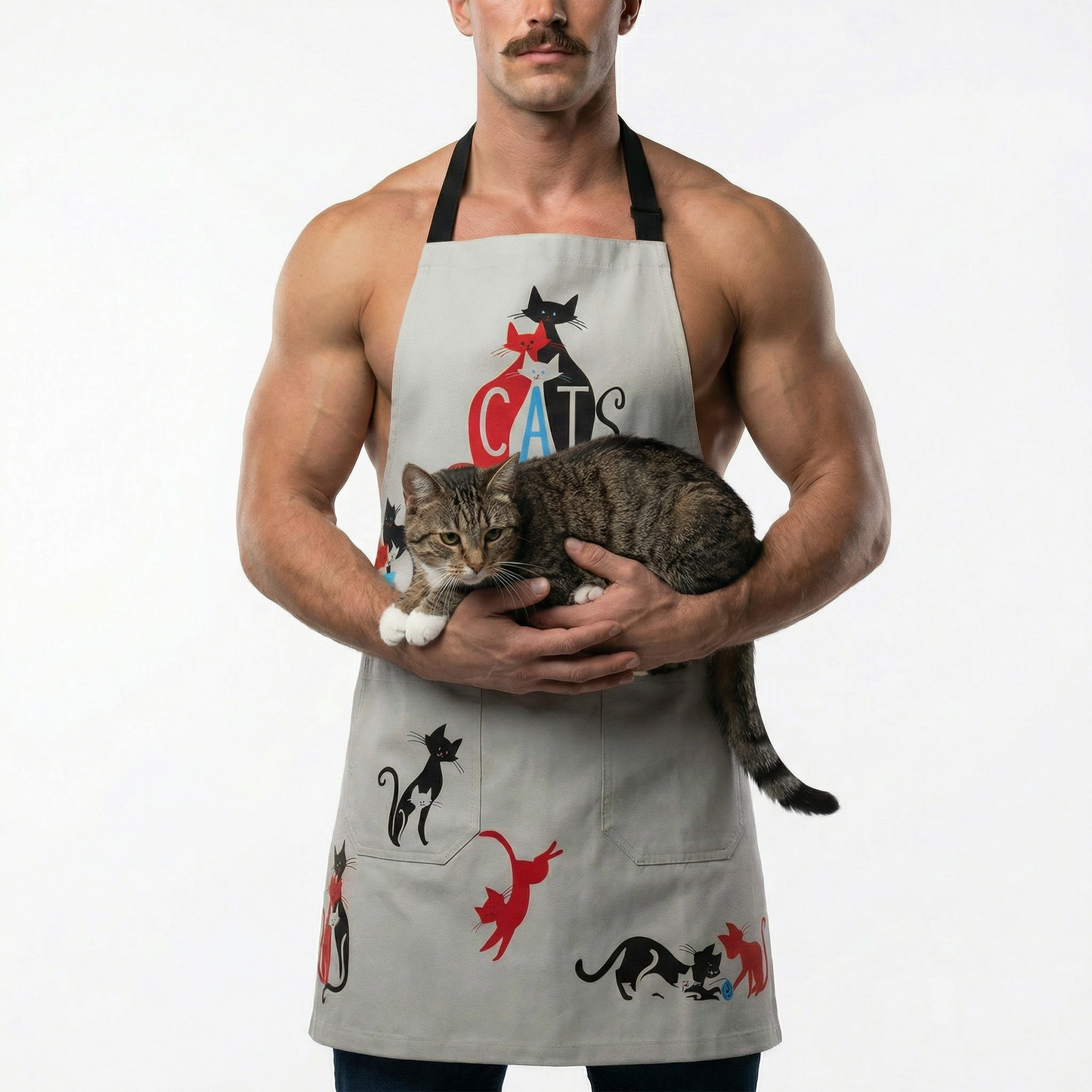 Light gray cotton cooking apron with cat graphic and “CATS” text, unisex fit