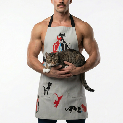 Light gray cotton cooking apron with cat graphic and “CATS” text, unisex fit