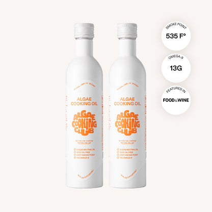 Algae cooking oil bottles, two pack with label and nutrition callouts