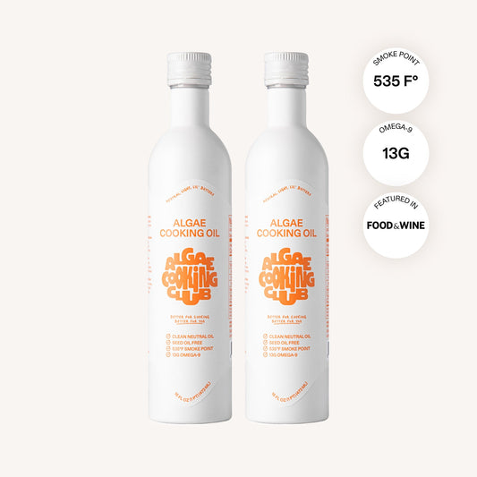 Algae cooking oil bottles, two pack with label and nutrition callouts