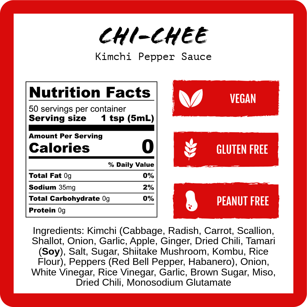 Chi-Chhee kimchi pepper sauce nutrition label: vegan, gluten-free, peanut-free.