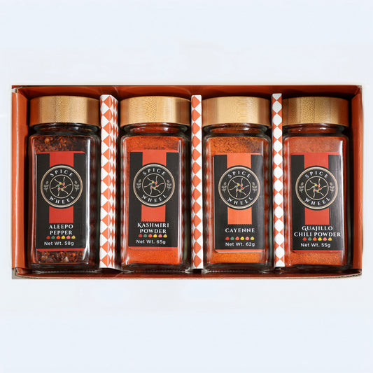 Four spice powder jars gift set with Aleppo, Kashmiri, Cayenne, Guajillo labels