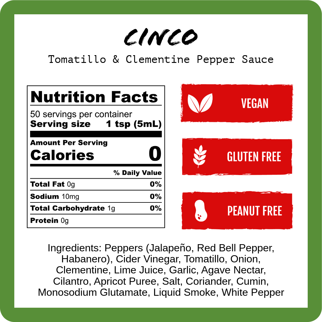 Cinco Tomatillo & Clementine Pepper Sauce nutrition label with vegan and gluten-free icons