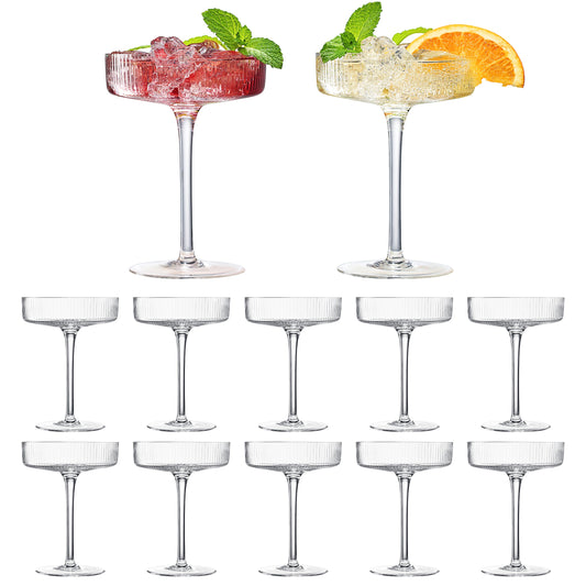 Ribbed champagne coupe cocktail glass set, 12 clear fluted bowls on stems