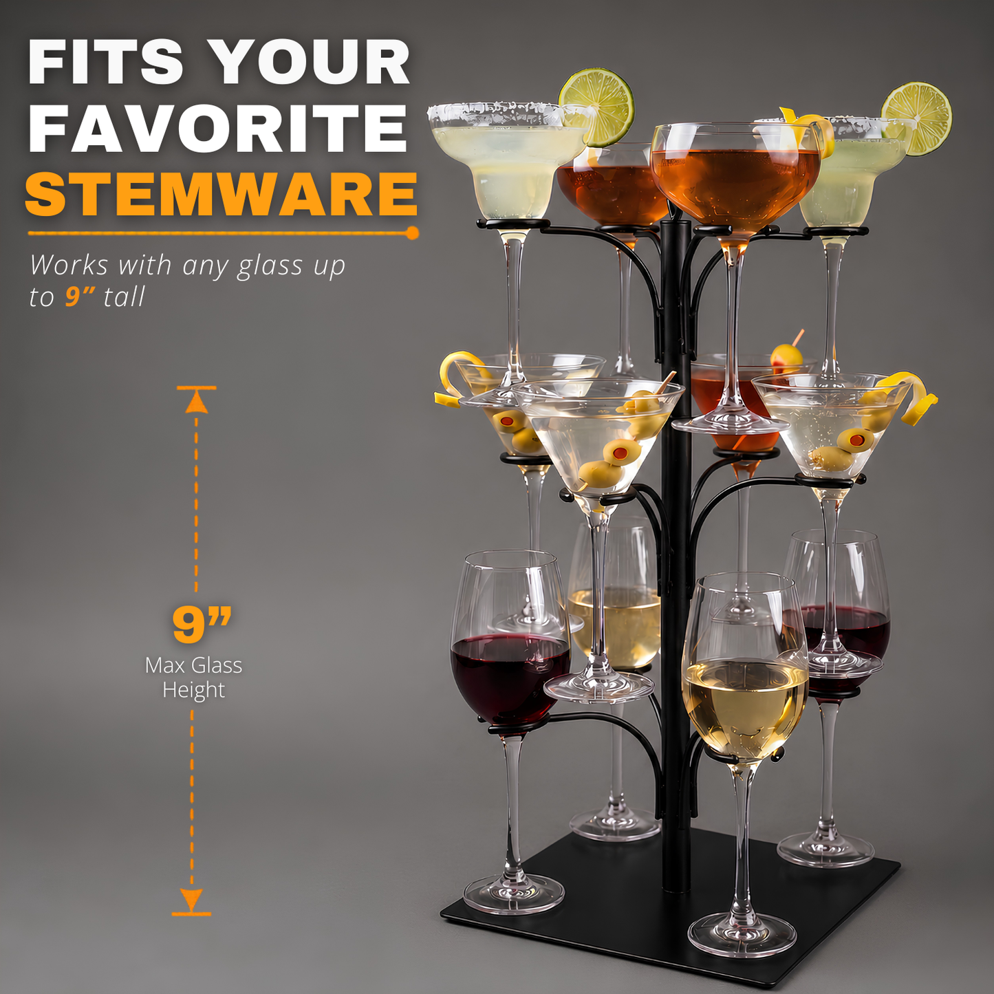 Cocktail tree stand with black base and multiple stem glasses sized for tall drinkware