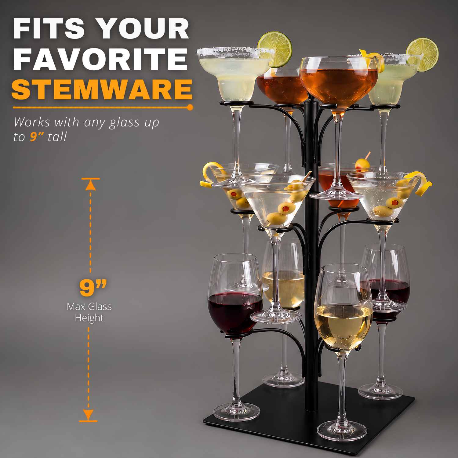 Cocktail tree stand with black base and multiple stem glasses sized for tall drinkware