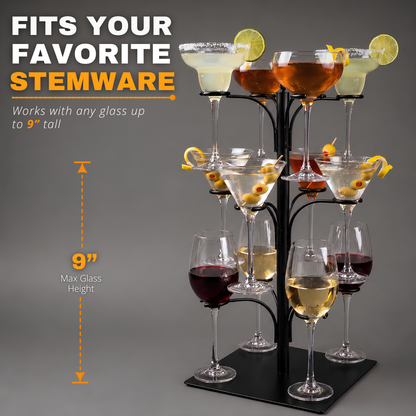 Cocktail tree stand with black base and multiple stem glasses sized for tall drinkware