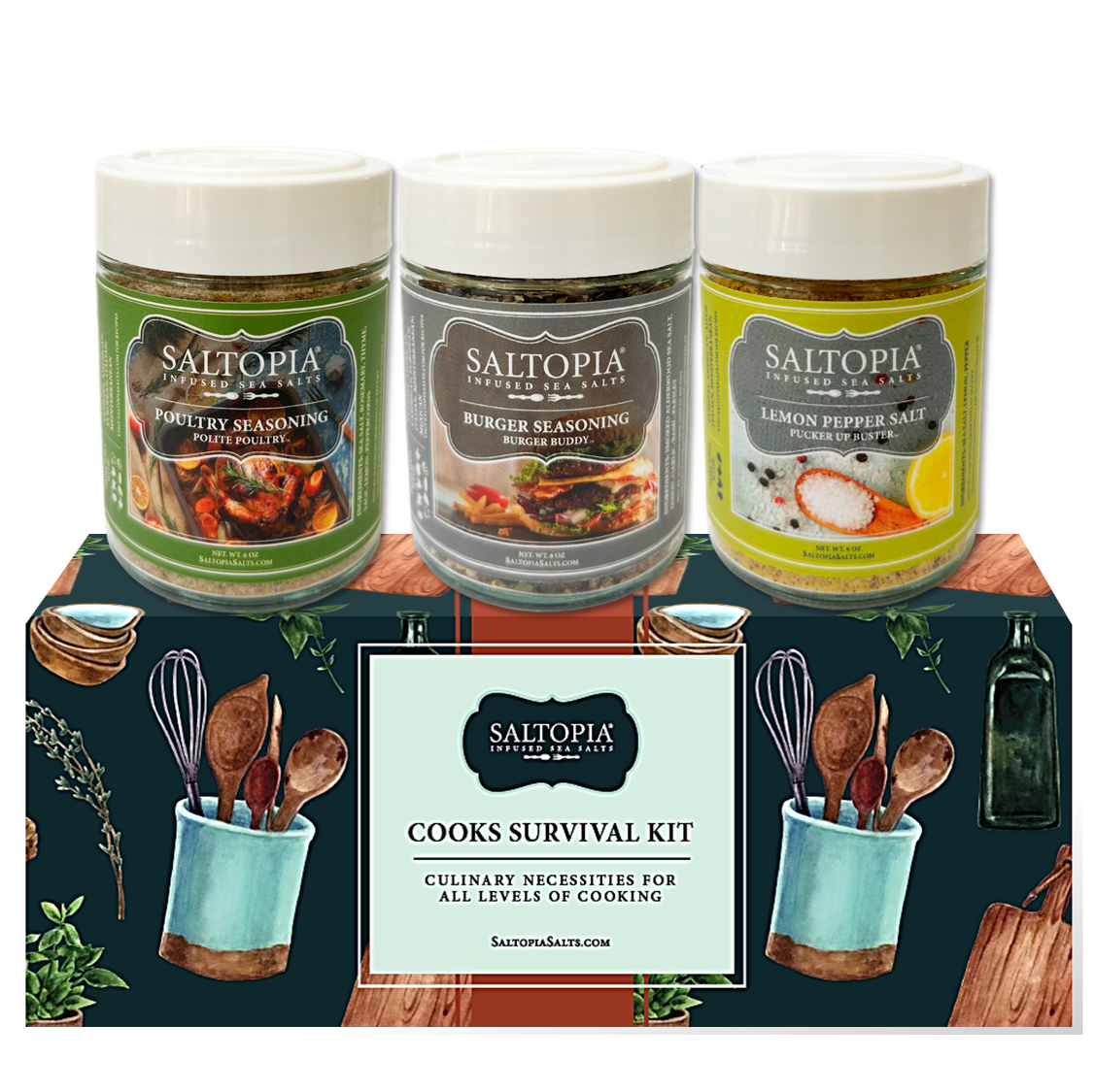 SALTOPIA infused sea salt gift set with three seasoning jars and a branded box