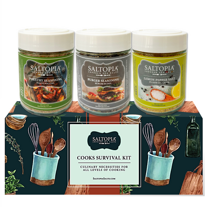SALTOPIA infused sea salt gift set with three seasoning jars and a branded box