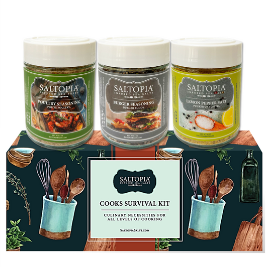 SALTOPIA infused sea salt gift set with three seasoning jars and a branded box