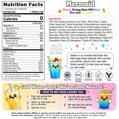 Mermaid nutrition facts for Orange Energy Base with Blue and Pineapple flavor stick.