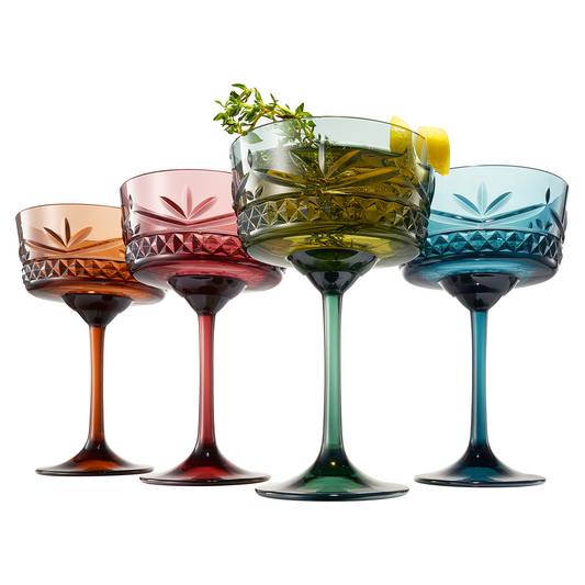 Set of 4 cocktail coupe glasses with faceted crystal-style bowls in amber, red, green, blue