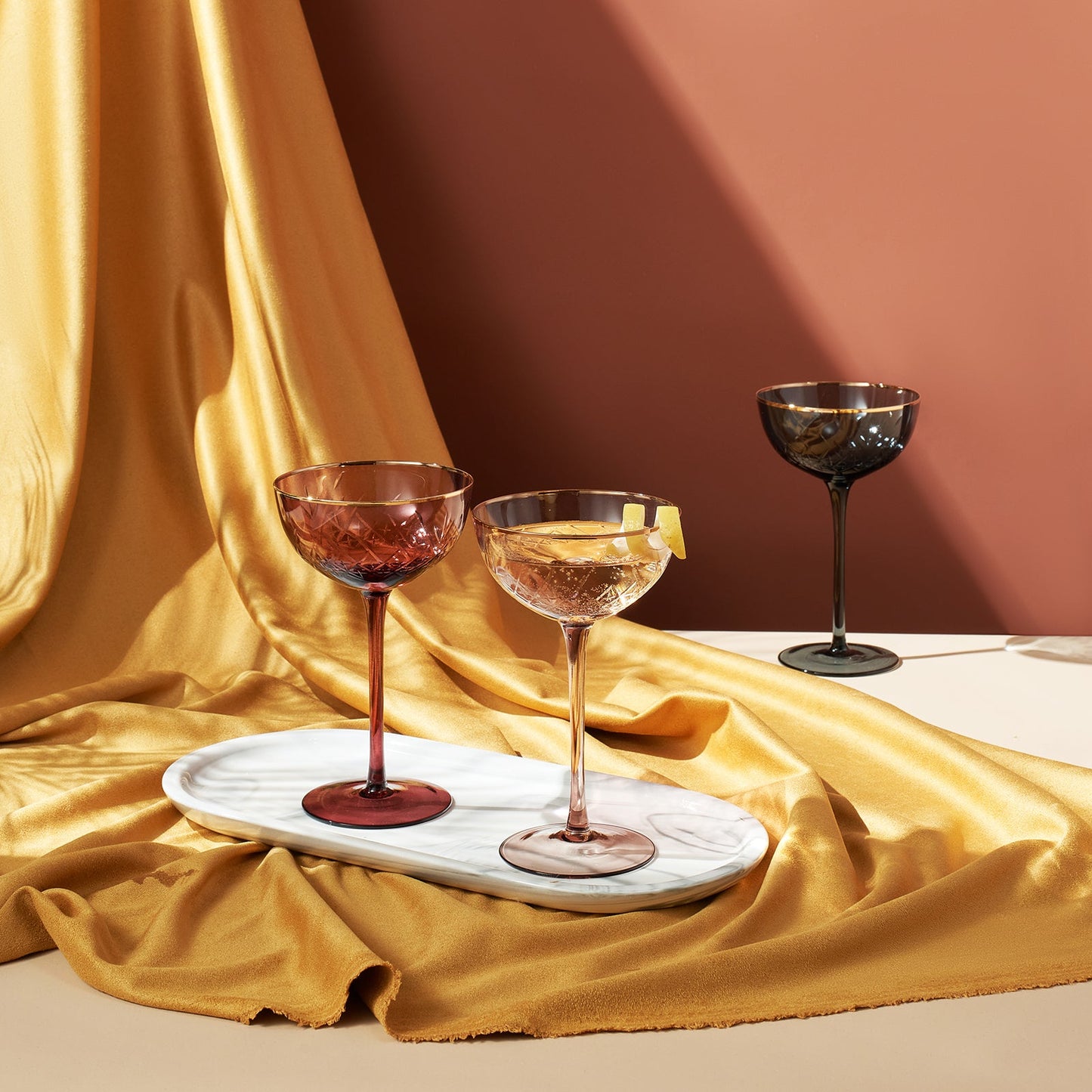 Tonal Gold Rim Champagne Coupe, Cocktail Glassware, Set of 6