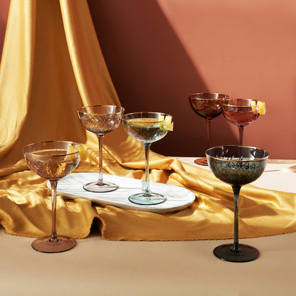 Tonal Gold Rim Champagne Coupe, Cocktail Glassware, Set of 6