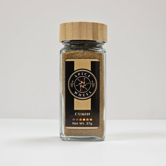 Cumin powder jar with cork lid and spice label, 5.7 oz