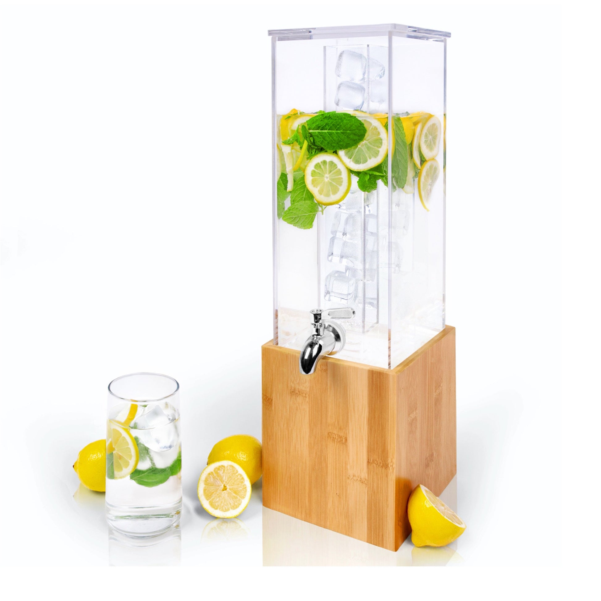 Acrylic beverage dispenser with bamboo stand and ice core, chrome spigot
