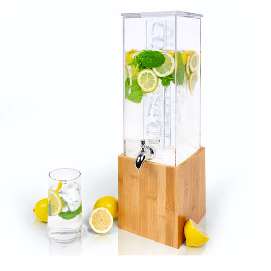 Acrylic beverage dispenser with bamboo stand and ice core, chrome spigot
