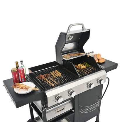 Black gas grill with open hood, griddle and side shelves, stainless control knobs