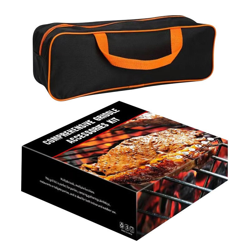 Barbecue griddle accessories kit box with black carrying case and tool set