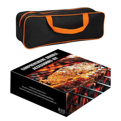 Barbecue griddle accessories kit box with black carrying case and tool set