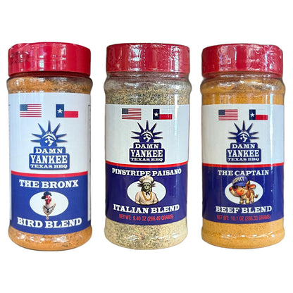 BBQ rub bottle, The Bronx Bird Blend, red cap and blue label with eagle logo