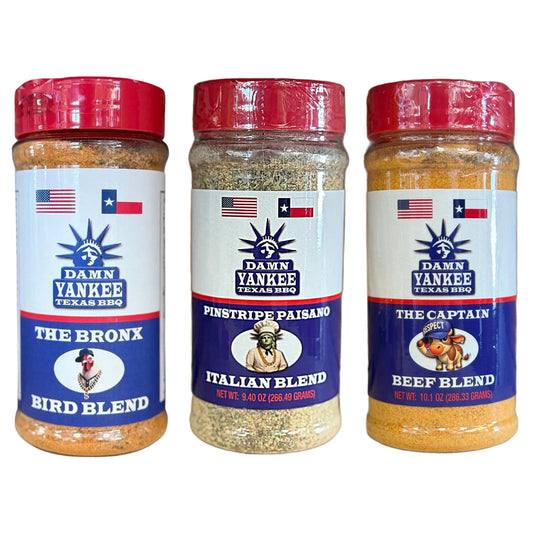 BBQ rub bottle, The Bronx Bird Blend, red cap and blue label with eagle logo