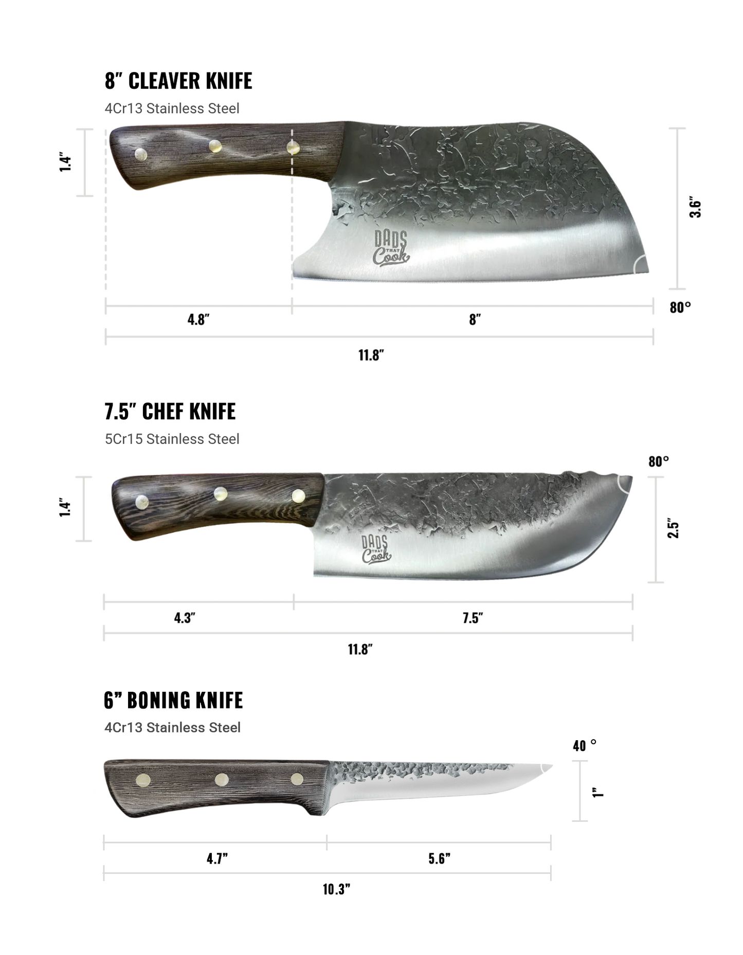 BBQ Beast knife sizes chart: 8" cleaver, 7.5" chef knife, 6" boning knife