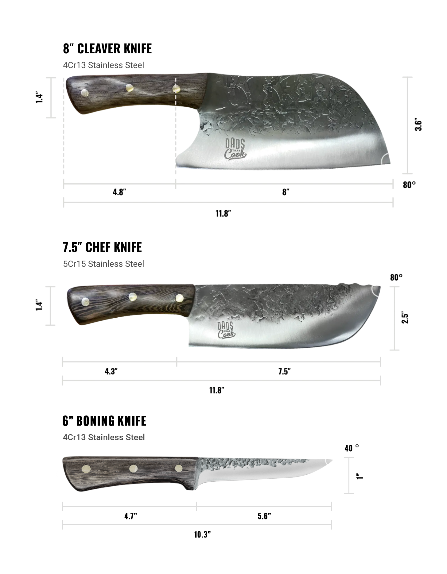 BBQ Beast knife sizes chart: 8" cleaver, 7.5" chef knife, 6" boning knife