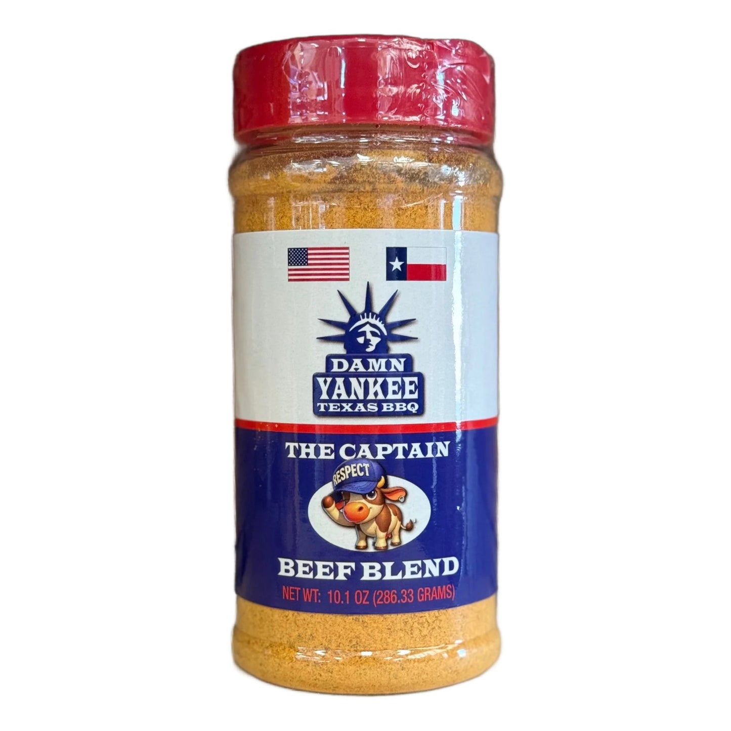 BBQ beef blend seasoning bottle, red cap; label shows 'The Captain'.