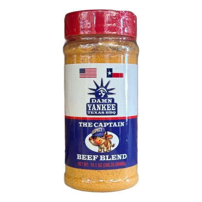 BBQ beef blend seasoning bottle, red cap; label shows 'The Captain'.