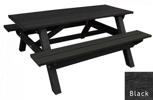 Black plastic picnic table with two bench-style seating platforms and slatted surfaces