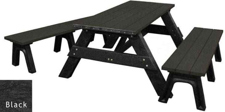 Picnic table with detached benches, dark slatted tabletop and black frame