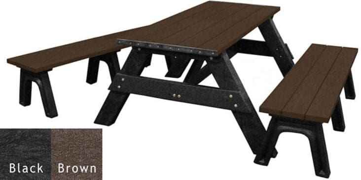 Picnic table with detached benches, brown slatted tabletop and black base frame