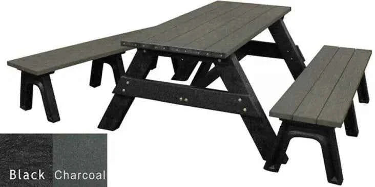 Picnic table with detached benches, charcoal slatted tabletop and black frame