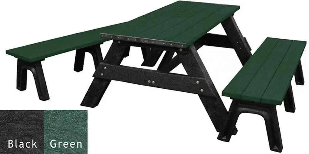 Picnic table with detached benches, green slatted tabletop and black frame