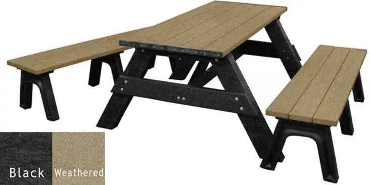 Picnic table with detached benches, weathered slatted tabletop and black frame