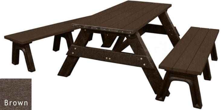 Picnic table with detached benches, brown slatted tabletop and dark brown base frame