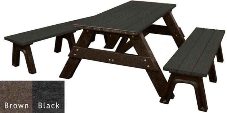 Picnic table with detached benches, brown and black slatted tabletop with bench set